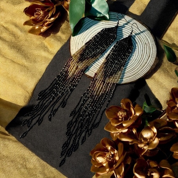 Sexy Dramatic Black and Gold Glass Beaded Fringe Earrings Handmade - Picture 11 of 16